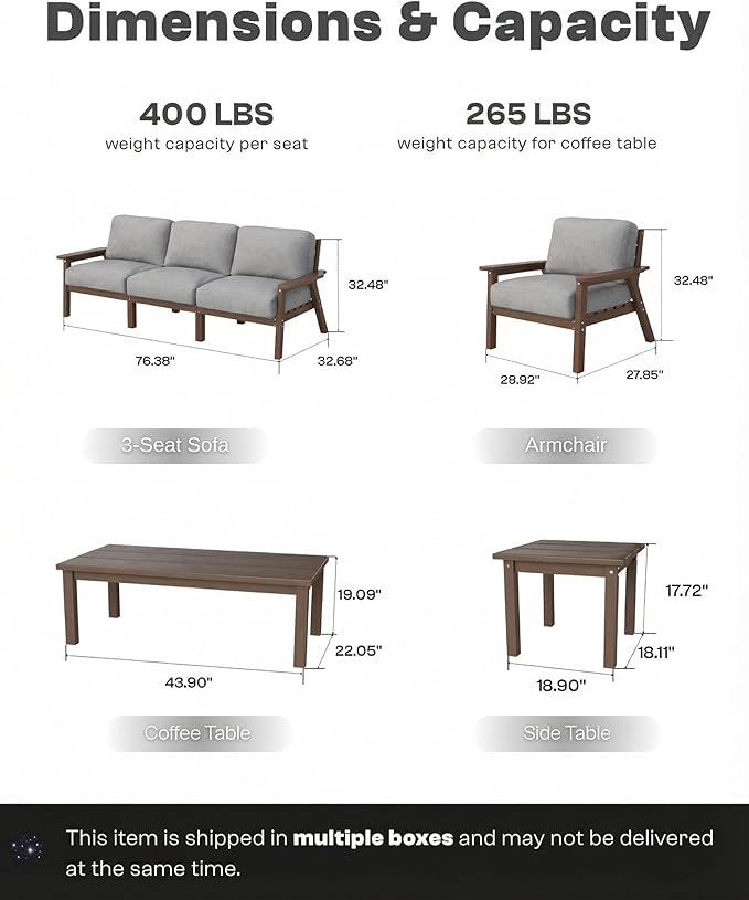 Patio Kingdom Patio Furniture Set 8 Seats, HDPE Outdoor Sectional with Gray Washable Thick Cushions, Coffee Table, Patio Conversation Sets for Lawn, Garden, Porch, Balcony, Deck (Brown Frame)