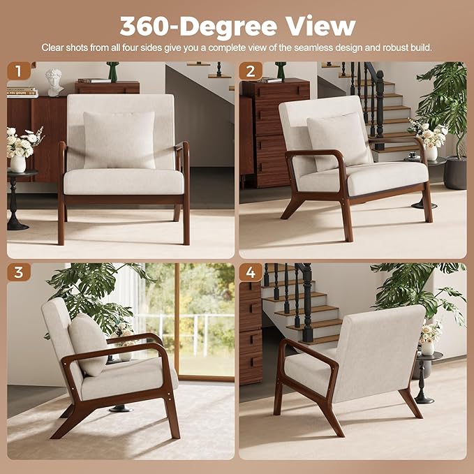 ELUCHANG Mid-Century Modern Chair,Accent Chair with Lumbar Pillow,Upholstered Armchair,Linen Fabric Comfy Reading Chair Beige, Linen, Set of 1