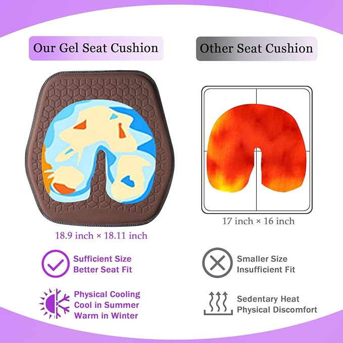 Binsheo Thin Premium Gel Seat Cushion for Car Seat, Office Chair, Wheelchair, Golf Cart - Non-Slip Car Seat Cushions with 0.7 Inch Gel - Sciatica & Coccyx Pain Relief (Suede, Dark Brown)