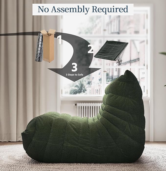 Selyteramy Bean Bag Chairs for Adults, Giant Bean Bag Chair Sofa with Memory Foam, Comfy Beanbag Loveseat Lazy Sofa for Living Room, Bedroom, Apartment, Green