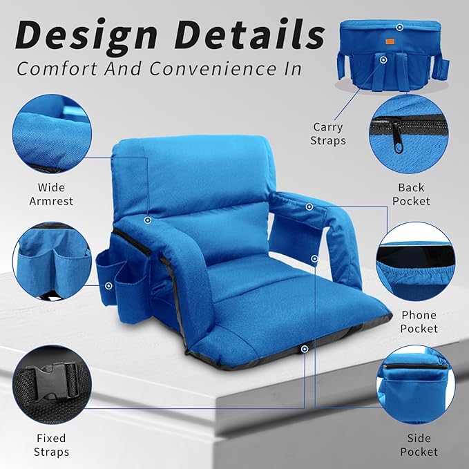 Stadium Seats with Back Support,Wide Stadium Chairs with Back and Cushion, Sofa Style Stadium Seats, 6 Reclining Positions, Extra Thick Bleacher Seat for Sports Events (Blue-1 Pack,Wide |22.5")