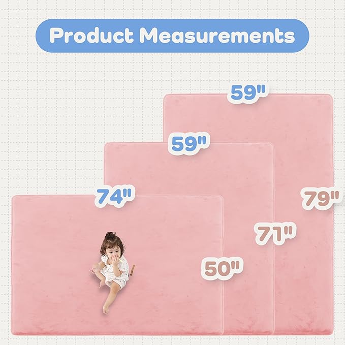 PAPAMAT 1.3" Thick Baby Floor Play Mat 59x71, Basic Padded Foam Mat for Tummy Time Crawling, Non Slip Cushioned for Babies Toddlers Infants Kids (Pink)