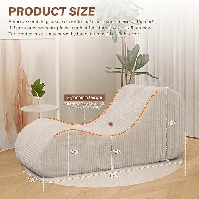 Corduroy Chaise Lounge Chair Couch Indoor Boneless Oversized High-Density Sponge Soft Sofa, Khaki