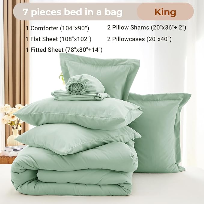 MUXHOMO 7 Pieces King Comforter Set, Soft Bed in a Bag King Size, All Season Bedding Set with Comforter, Flat Sheet, Fitted Sheet, Pillowcases & Shams, Sage Green