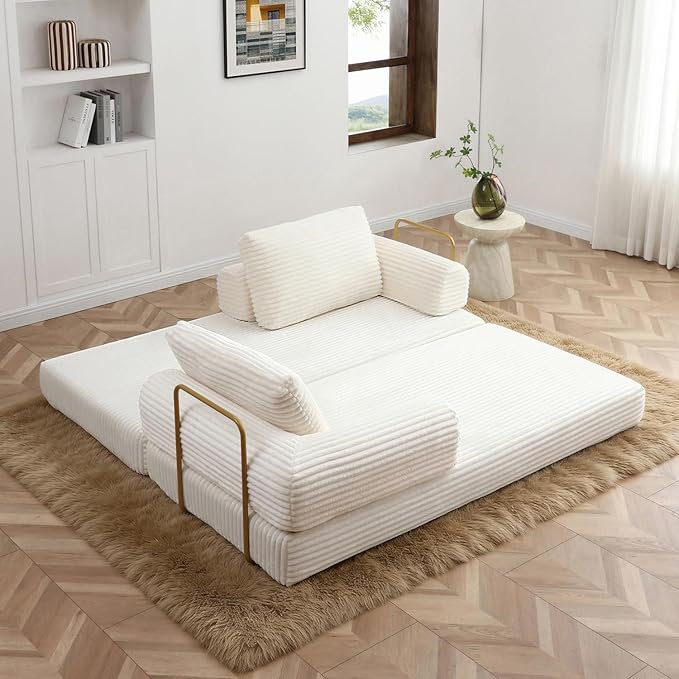 HANXIN 80 Inch Convertible Sleeper Sofa Bed, High Back Plush Corduroy Folding Floor Mattress Couch with Fixed-Shape Frame, Boneless Futon Loveseat with Pull Out Bed (Beige, 80" Loveseat Sofa Bed)