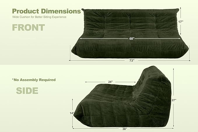 Bean Bag Chair,Giant Beanbag Chairs for Adults,Comfy Large Fireside Chair Lazy Sofa,Corduroy Bean Bag Lounger with Memory Foam Filled,Floor Sofa Couch for Home,Living Room (Green, 3-Seater)