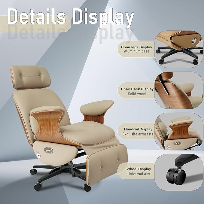 Genuine Leather Office Chair with Electric Reclining, Footrest, Lifting and Massage Function, 350lbs Capacity Ergonomic Executive Chair with Alu Base and 360° Wheels for Home Living Room