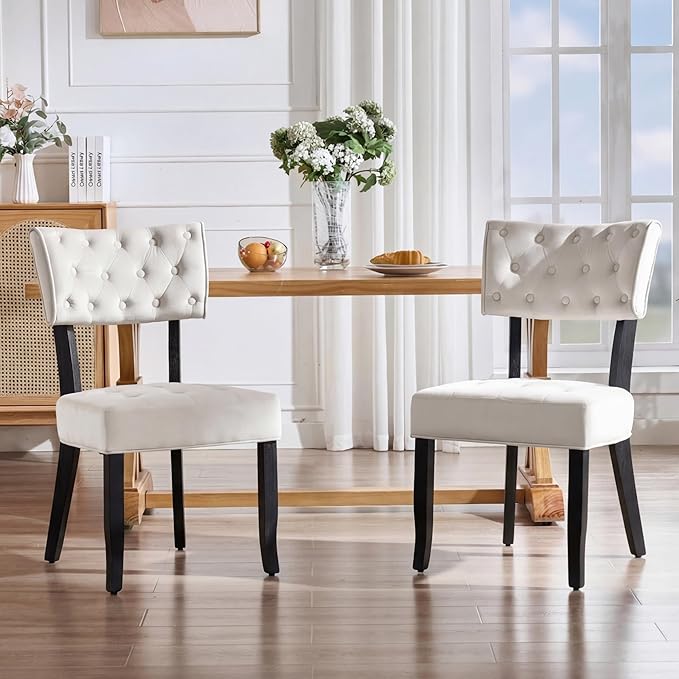 UVV Upholstered Dining Chairs Set of 2, Mid Century Modern Tufted Kitchen Chairs Dining Room Chairs, Velvet Dinner Chair with Wood Legs for Dining Room Kitchen, Beige-Black Legs