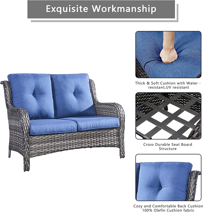 Rilyson Wicker Patio Furniture Set - 5 Piece Rattan Outdoor Sectional Conversation Sets with 2 Rocking Swivel Chairs,2 Ottomans and 1 Loveseat for Porch Deck Garden(Mixed Grey/Blue)