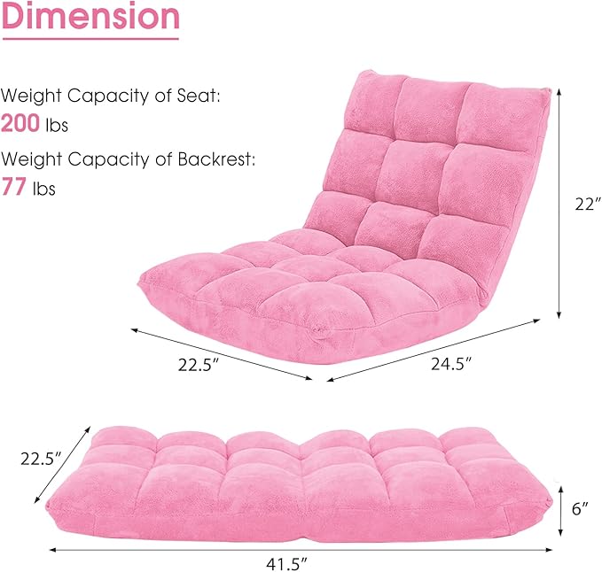 GOFLAME 14-Position Folding Floor Chair, Padded Gaming Lazy Sofa Chair with Adjustable Backrest, Couch Recliner, Sleeper Bed Lounge Chair for Reading, Gaming, Meditating (Pink)