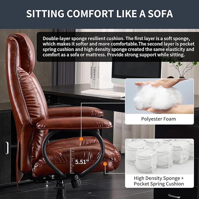 ATMILD Office Chair Big and Tall, High Back Ergonomic Office Chair with Padded Armrest, 400 lbs,PU Leather (Brown)