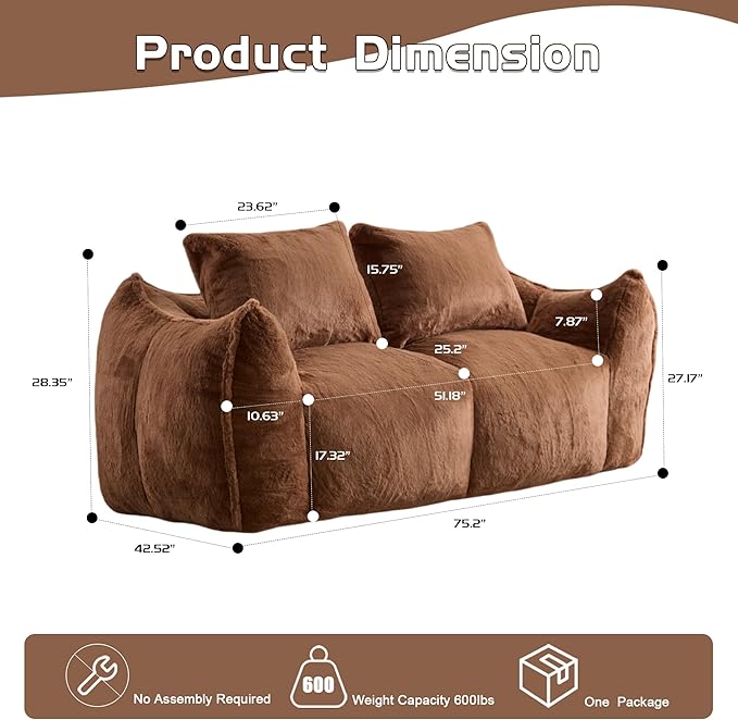 KEIKI Giant Bean Bag Couch for Adults, Oversized Loveseat, 2 Seater Fireside Chair, Comfy Lazy Floor Sofa, Cozy Reading Chair with Pillows for Living Room, Bedroom, No Assembly Required