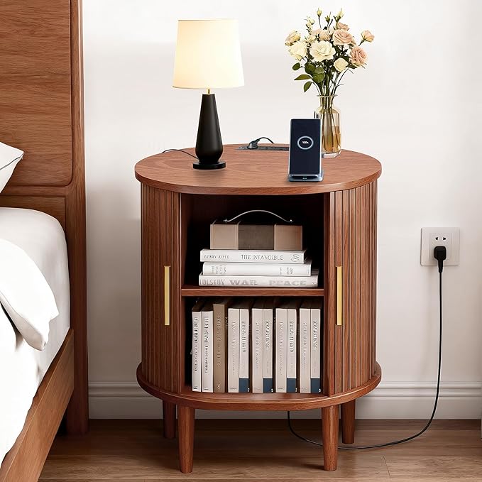 DHH Mid Century Modern Nightstand with Charging Station, Fluted Accent Side Table with Sliding Door & Adjustable Shelf, End Table for Small Space, Living Room, Bedroom,Sofa Couch (1, Walnut)