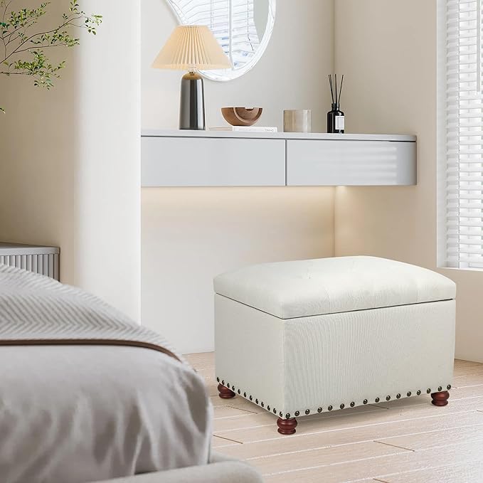 Joveco Storage Ottoman Linen Button Tufted Bench with Rivet, Rectangular Footrest Stool Coffee Table Seat for Living Room Bedroom, Off White