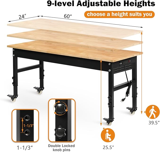 Betterhood 60" Adjustable Workbench on Wheels, Rubber Wood Heavy Duty Workstation with Power Outlets & Pegboard, 2000LBS Load Capacity Hardwood Worktable for Workshop, Garage, Office, Home, Commercial