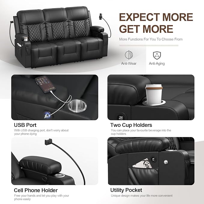 FURNIMAT Recliner Sofa Set with 3+1+1 Pieces in Living Room, 3 Seater Reclining Sofa with USB Ports, Cell Phone Holders, 2 Recliner Chairs with Vibration Massage and Heat Single Sofa Seat, Bedroom, RV