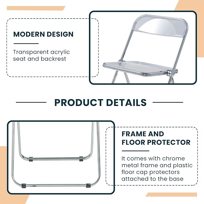 LeisureMod Lawrence Modern Clear Acrylic Folding Chair with Metal Frame, Space-Saving Transparent Seating for Dining Room, Home Office, Bedroom, Vanity or Small Spaces, (Clear, Set of 2)