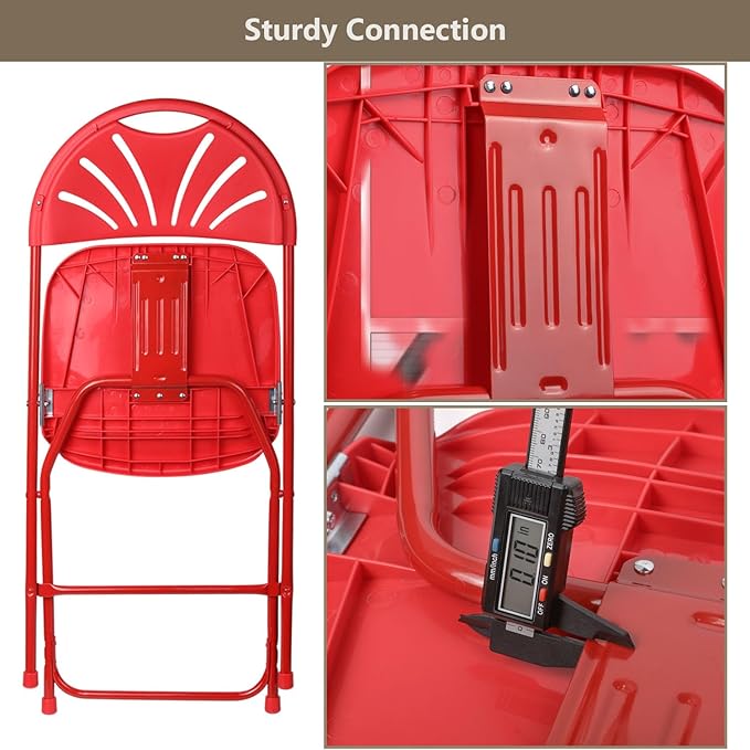 Folding Chairs 10 Pack, Heavy-Duty Plastic Foldable Chairs with Sturdy Metal Frame, 350 lbs Capacity, Fashion Stackable Portable for Weddings, Parties, Office, Indoor, Outdoor Events, Red
