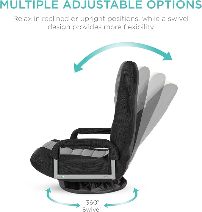 Best Choice Products Swivel Gaming Chair 360 Degree Multipurpose Floor Chair Rocker for TV, Reading, Playing Video Games w/Lumbar Support, Armrest Handles, Adjustable Foldable Backrest - Black/Gray