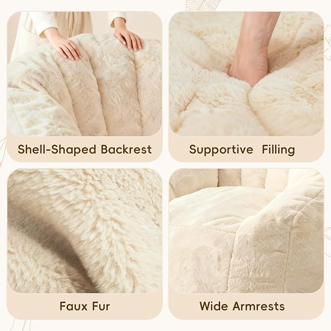 Giant Bean Bag Chair with Armrests 47 Inch Large Plush Bean Bag Couch for Adults and Kids Fluffy Faux Fur Shell-Shaped Oversized Comfy Stuffed Sofa with Filler for Living Room, Bedroom & Dorm, Begie