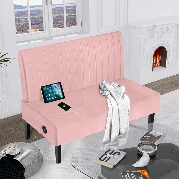 STHOUYN Mini Small Comfy Couch Armless Loveseat Sofa for Bedroom with USB Port, Velvet Couches for Small Spaces Living Room, Apartment Office Dorm (Pink)