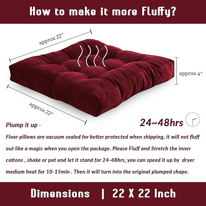 Square Floor Seat Pillows Cushions 22" x 22", Soft Thicken Yoga Meditation Cushion Pouf Tufted Corduroy Tatami Floor Pillow Reading Cushion Chair Pad Casual Seating for Adults & Kids, Wine Red