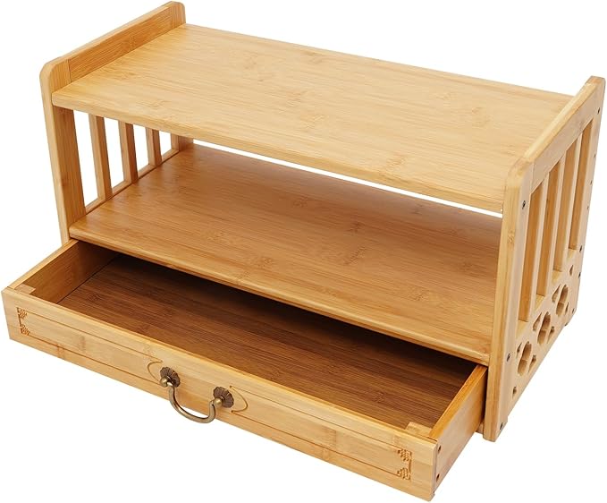 Low 3-Tier Meditation Table with Drawer,Bamboo Altar Tables,Puja Desks,Tatami Desk,20.4”W,Wood Color