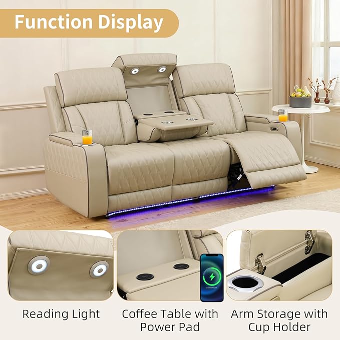 Caberryne Power Recliner Sofa Set with LED Lights,Leather Reclining Couch and Loveseat Set with USB Port/Coffee Table/Cup Holder,Living Room Set with 4 Recliner Seats for House(2 Piece Set,Paddy)
