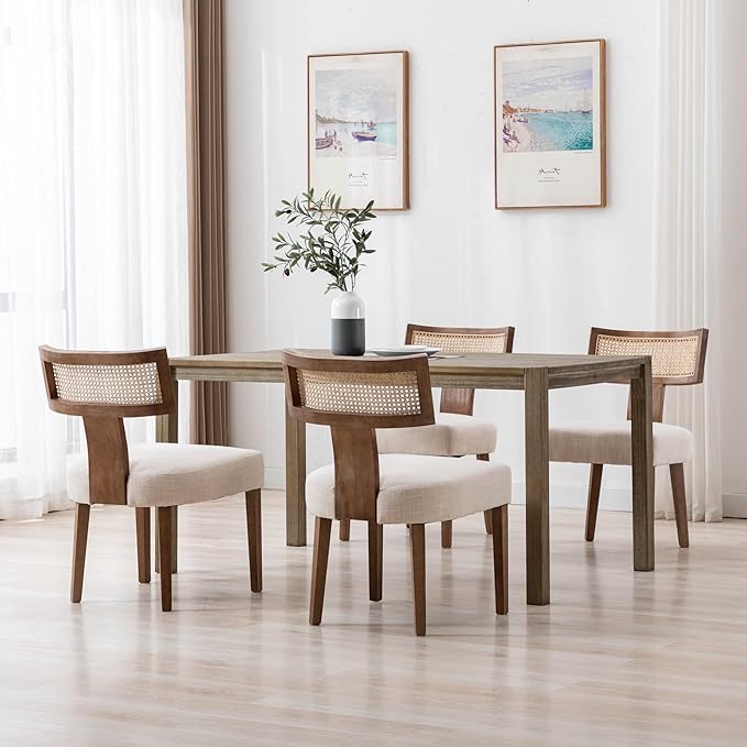 RIVOVA Rattan Dining Chairs Set of 6, Modern Dining Chair Kitchen Dining Room Chairs, Curved Cane Back Upholstered Linen Fabric Dining Chair with Wood Frame, Beige