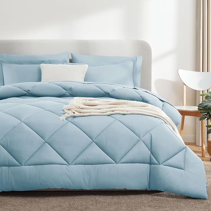 CozyLux King Size Comforter Set Light Blue - 7 Pieces Bed in a Bag King, Luxury Soft Bed Set for All Seasons, Bedding Set with Down Alternative Comforter, Sheets, Pillowcases & Shams