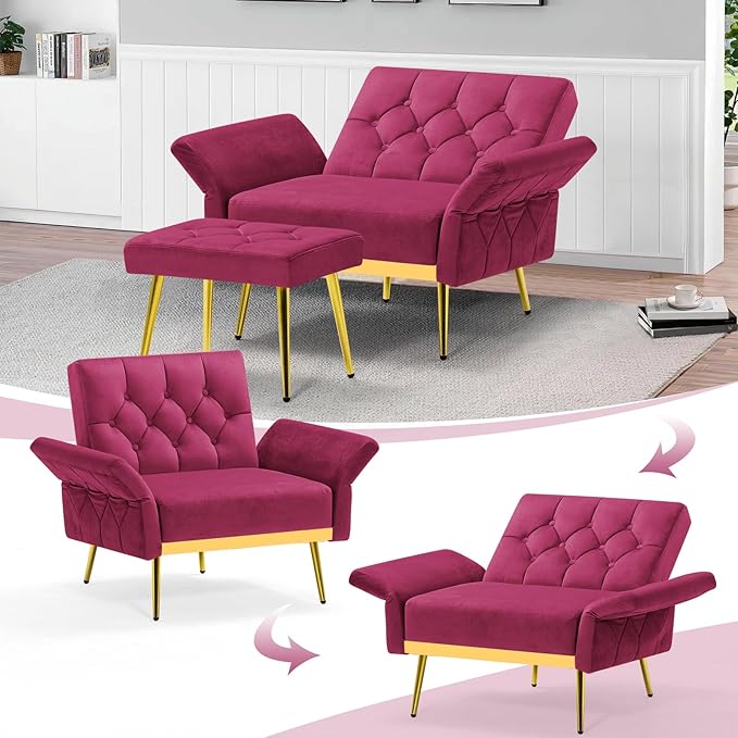ACMEASE Velvet Accent Chair w/Adjustable Armrests and Backrests, Tufted Single Sofa with Ottoman, Upholstered Reading Chiar for Living Room, Apartment, Bedroom, Fuchsia