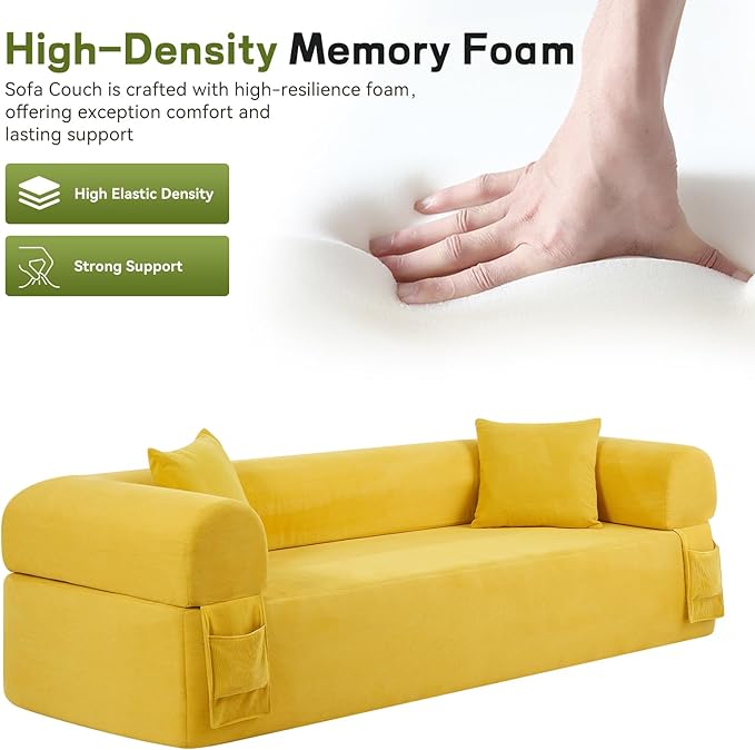 GJQ 3 Seater Boneless Couches for Living Room,Corduroy Couch with 2 Pillows & Storage,Memory Foam Couch in a Box,Compressed Floor Sofa with Armrests,No Assembly Required Cloud Sofa,Yellow