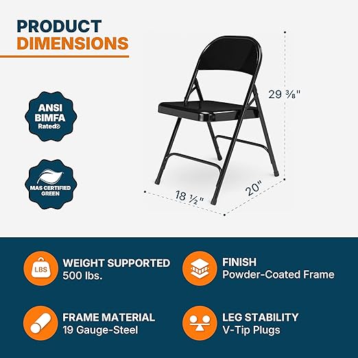 OEF Furnishings OEF50 Series All-Steel Heavy-Duty Folding Chairs with 500 lb Weight Capacity (4-Pack, Black)