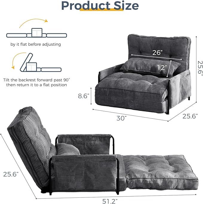 MAXYOYO Adjustable Floor Sofa Couch with Pillow, Multi-Functional Bean Bag Bed, 5-Position Foldable Lazy Sofa Sleeper Bed with Armrest, Versatile Floor Seating for Reading, Dark Grey, Single