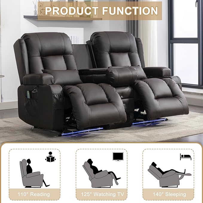 URRED Loveseat Recliner Sofa with Massage and Heat, Power Reclining Loveseat Sofa RV Couch with Console, Home Theater Seating with LED Lights, Bluetooth Speaker, USB, Outlets, Faux Leather, Dark Brown