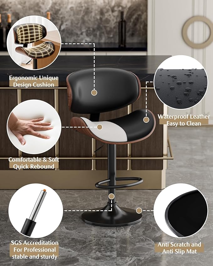 Aowos Bar Stools Set of 4, Adjustable Swivel Bar Stools Mid-Century Modern PU Leather Counter Height Bar Stool for Kitchen Island Bar Chairs with Back (Black)