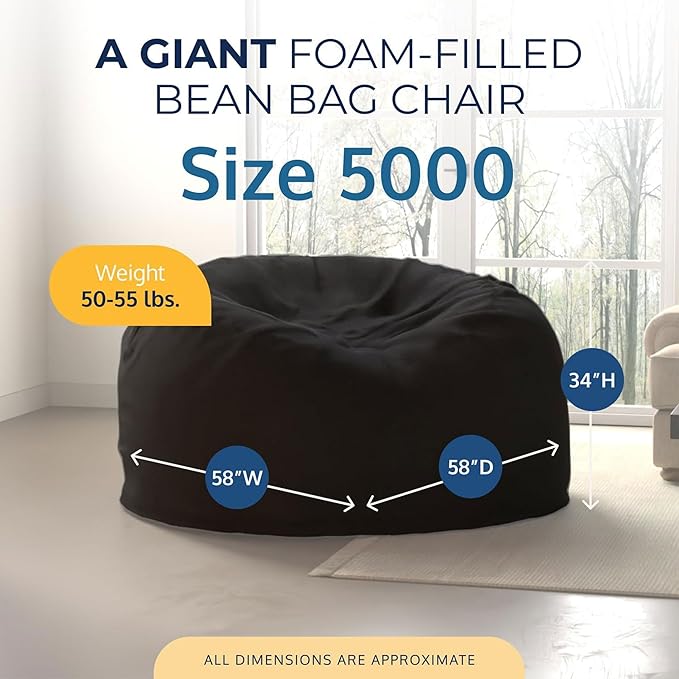 ULTIMATE SACK 5000 5-Foot Bean Bag Chair with Footstool, Charcoal Fur Cover – Oversized Foam Lounger, Floor Seat, Small Sofa, or Couch Bed for Living Area, Gaming Room, or Reading Lounge