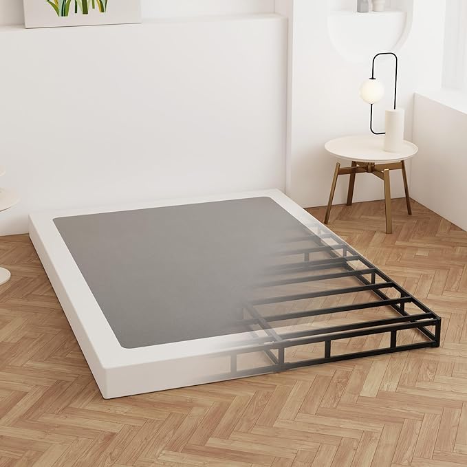 Maenizi Cal King Box Spring 4 Inch Low Profile, Heavy Duty Metal Box Spring Bed Base with Fabric Cover, Mattress Foundation, Easy Assembly, Noise Free, Black