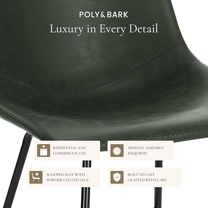 POLY & BARK Paxton Leather Dining Chairs – Set of 2 Modern Dining Room Chairs with Low Back – Faux Leather Upholstery and Matte Black Steel Base – Comfortable Seating for Stylish Interiors – Ivy Green