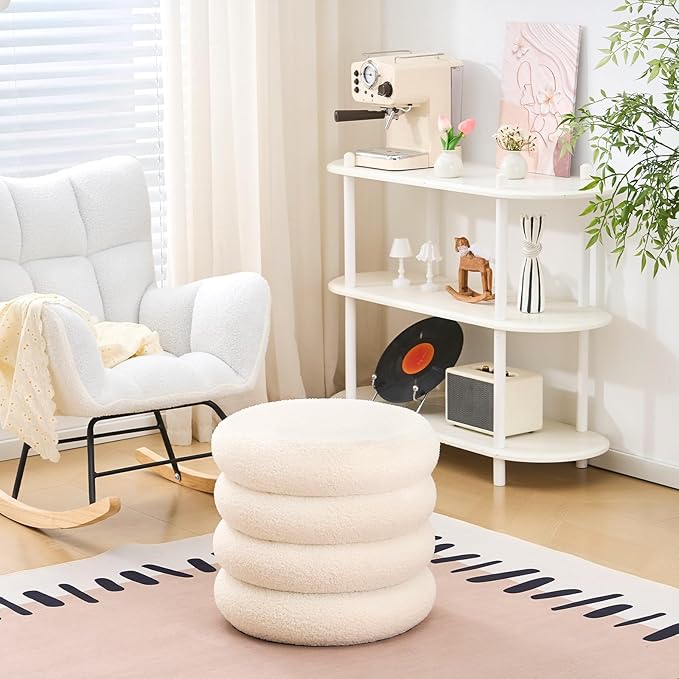 Wimarsbon Round Storage Ottoman, Modern Sherpa Footstool, Teddy Vanity Stool with Flip-Top Tray, Makeup Chair for Home Decor, Upholstered Footrest for Living Room & Bedroom (White)