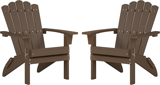 Adirondack Chairs, Folding Chairs Set of 2, Weather-Resistant Patio Chair with Wide Armrests & High Backrest, Fire Pit Chair for Garden, Backyard, Porch (Brown)