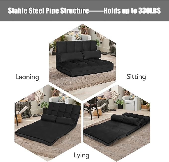DORTALA Foldable Floor Sofa, 6-Position Adjustable Lounge Couch with 2 Pillows & Suede Cloth Cover, Modern Lounge Mattress Video Gaming Lazy Couch, Suede Floor Seating Sofa, 71" x 44.5", Black