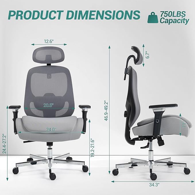 750 LBS Big and Tall Office Chair, Heavy Duty Executive Chair w/4D Arms, Ergonomic Computer Home Desk Chair, Swivel Mesh Chair w/2D Lumbar Support, Adjustable Headrest, Tilt Lock-Grey