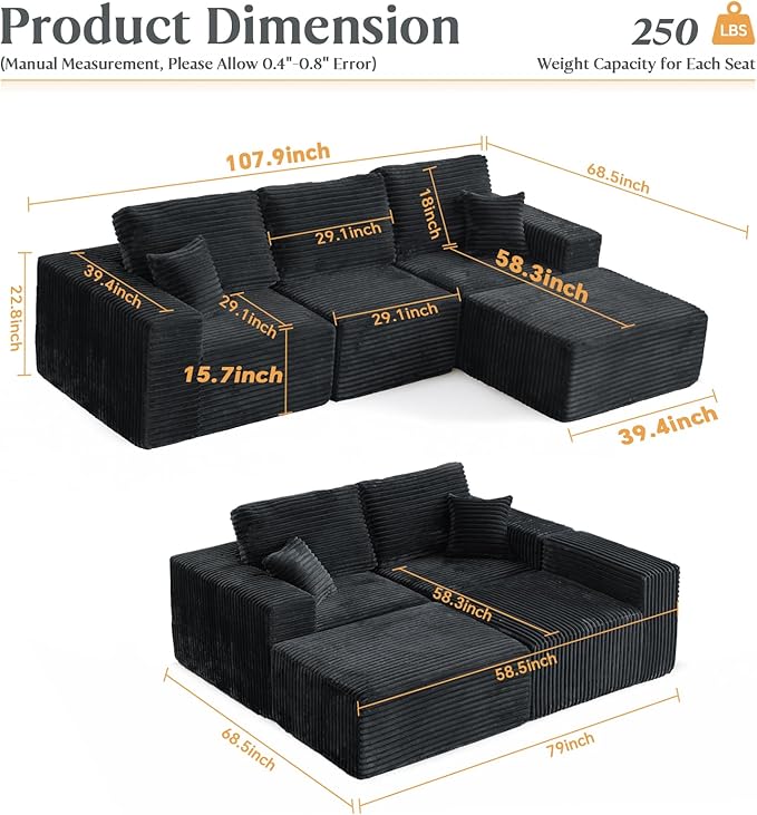MODNEST 108" Modular Sectional Sofa Cloud Couch with Deep Seats, L Shape Couch with Chaise and Movable Ottoman, Sectional Couches for Living Room, Comfy Boneless Couches No Assembly Required, Grey