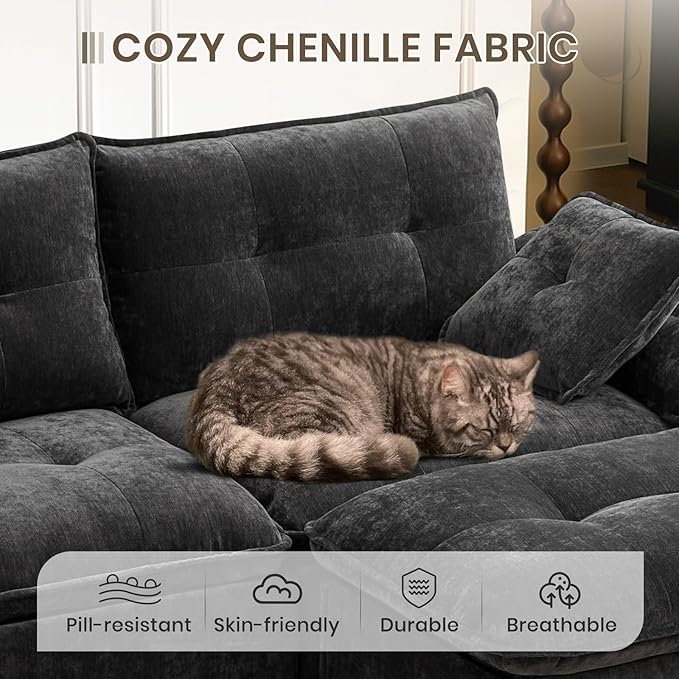 PALLOME 82" Deep Seat Comfy Cloud Couch, Modular Sectional Sofa with Movable Ottoman, L Shaped Chenille Sofa for Small Space, Modern Apartment Living Room & Office (Grey, 2-Seat + Ottoman)