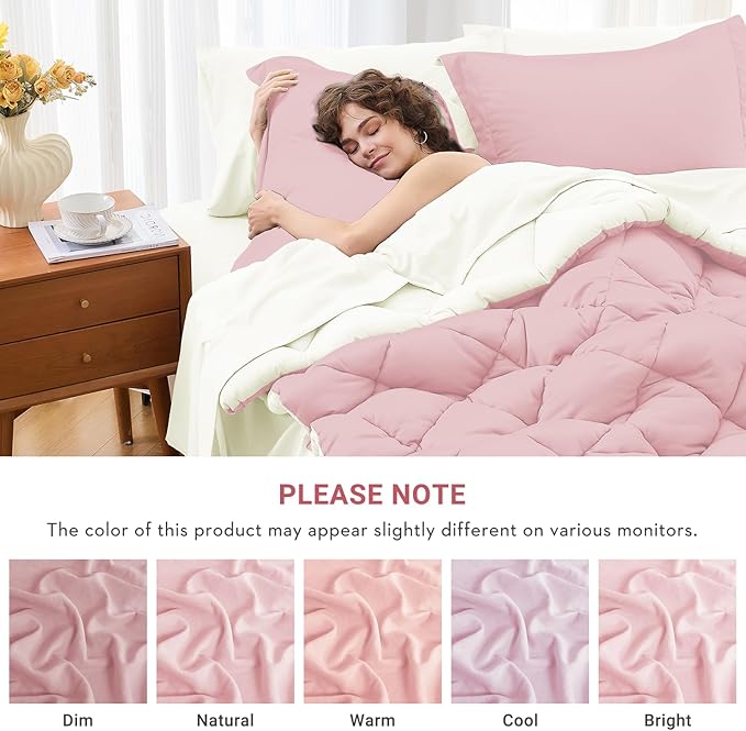MUXHOMO 7 Pieces Queen Comforter Set, Reversible Bed in a Bag Queen Size, All Season Bedding Set with Comforter, Flat Sheet, Fitted Sheet, Pillowcases & Shams, Light Pink & Ivory
