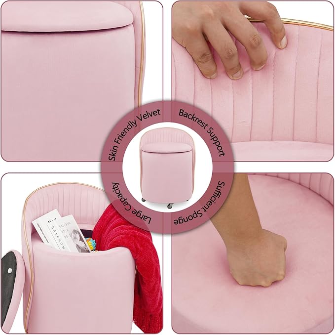 Round Storage Ottoman, Upholstered Velvet Vanity Stool with Lumbar Support, Swivel Rolling Wheels, Small Foot Stools Coffee Table Padded Seat for Makeup Room, Living Room, Bedroom (Pink)