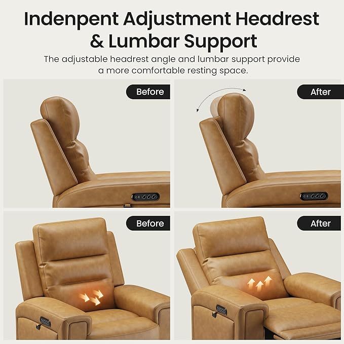 COLAMY Aura Triple Motors Power Recliner Chairs with USB and Type C Port, Home Theater Chair with LED Lights, Electric Wall Hugger Recliner for Living Room, Light Brown