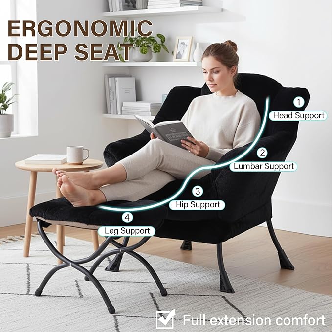 Welnow Lazy Chair with Ottoman, Modern Lounge Accent Chair with Armrests and a Side Pocket, Leisure Sofa Armchair, Reading Armchair with Footrest for Small Space, Plush Black