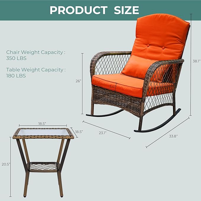 Sgentle 3 Piece Wicker Rocking Chairs, Outdoor Patio Rocking Chairs Set of 2 with Side Table, All-Weather Outdoor Rattan Rocking Chair with Cushions & Frame for Lawn Porch Garden (Red, Style 4)